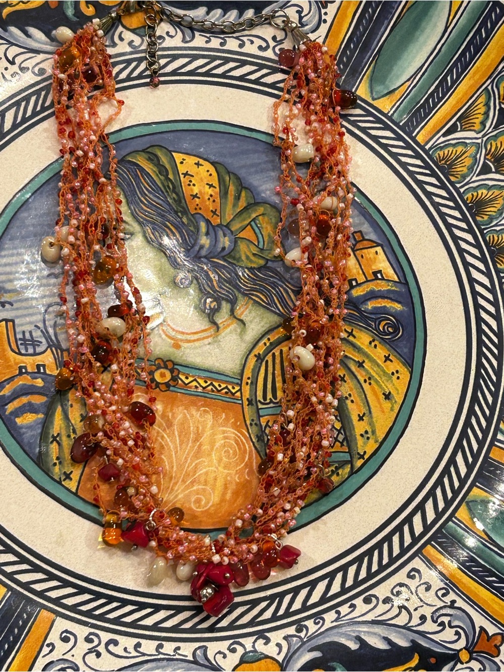 Red Branch Coral Vintage Necklace, Carnelian, glass Mermaid’s Tears woven thread